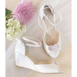 Angela Nuran Marlene Style Silk Ankle Strap Wedge Wedding Shoes with Rhinestones